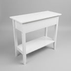 White table with a shelf on a gray floor