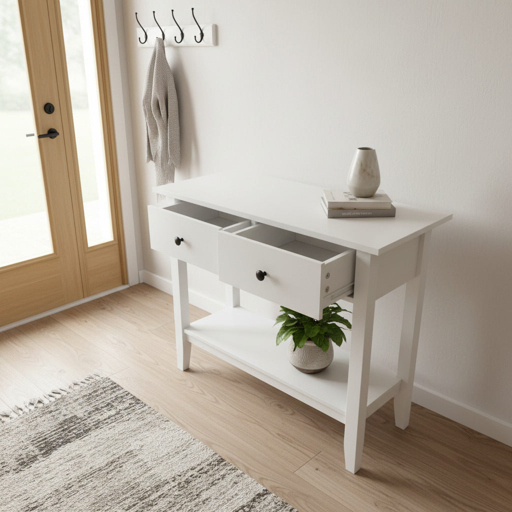 White console table with beige top on a dark floor.