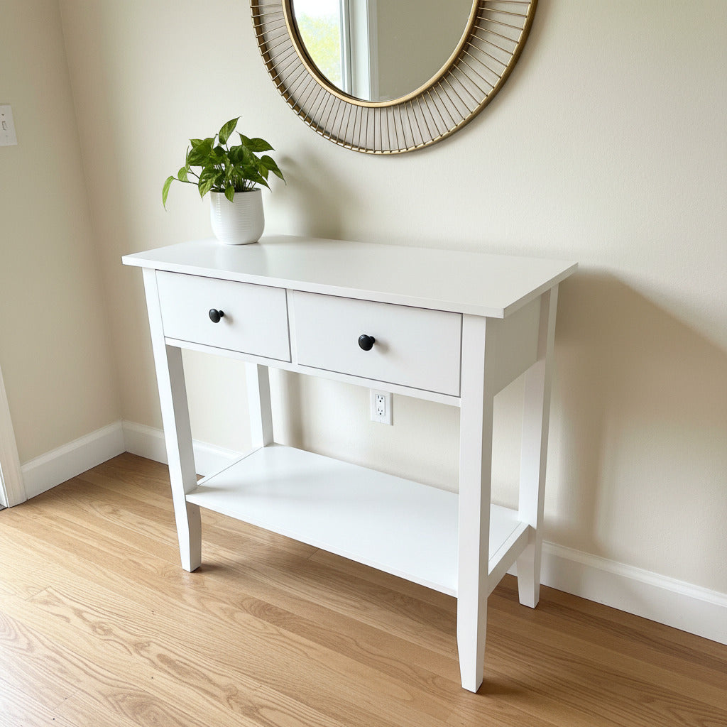 White console table with two drawers and a shelf in a store setting.