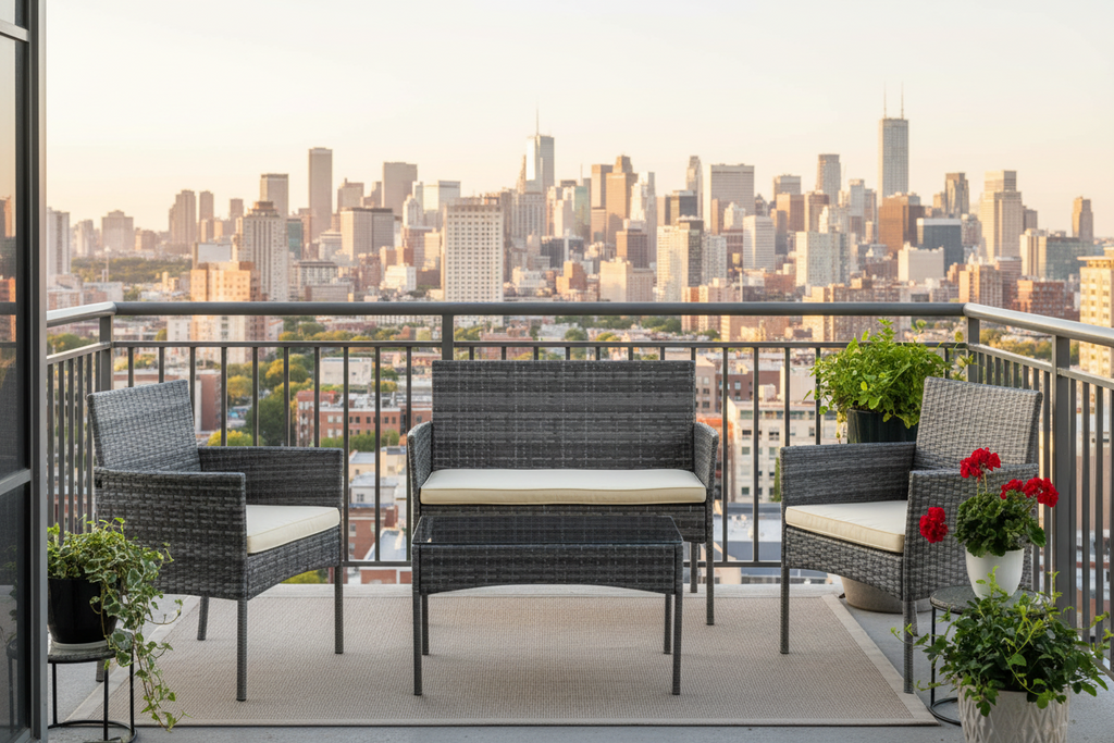 4-Piece Outdoor Rattan Conversation Set with Tempered Glass Coffee Table – Cream Cushions Multi Market World Inc.