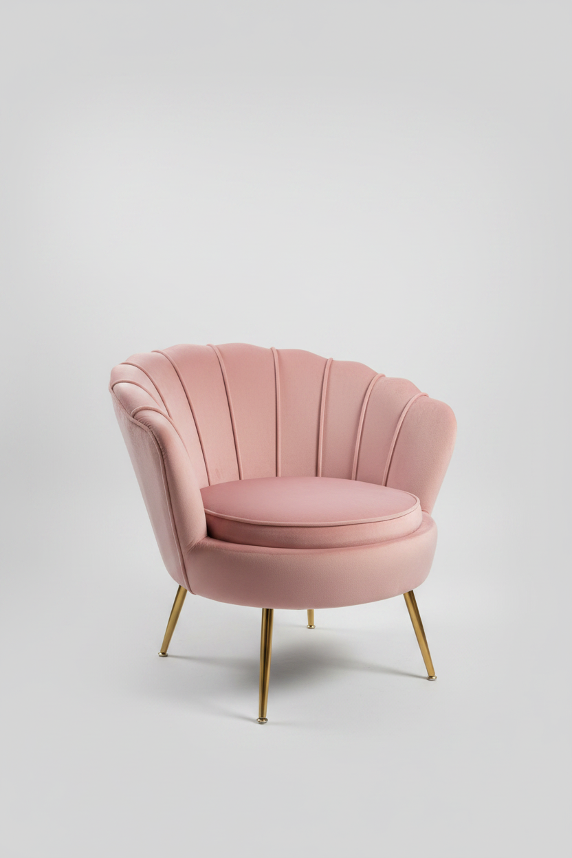 Pink velvet chair with scalloped backrest on a dark floor.