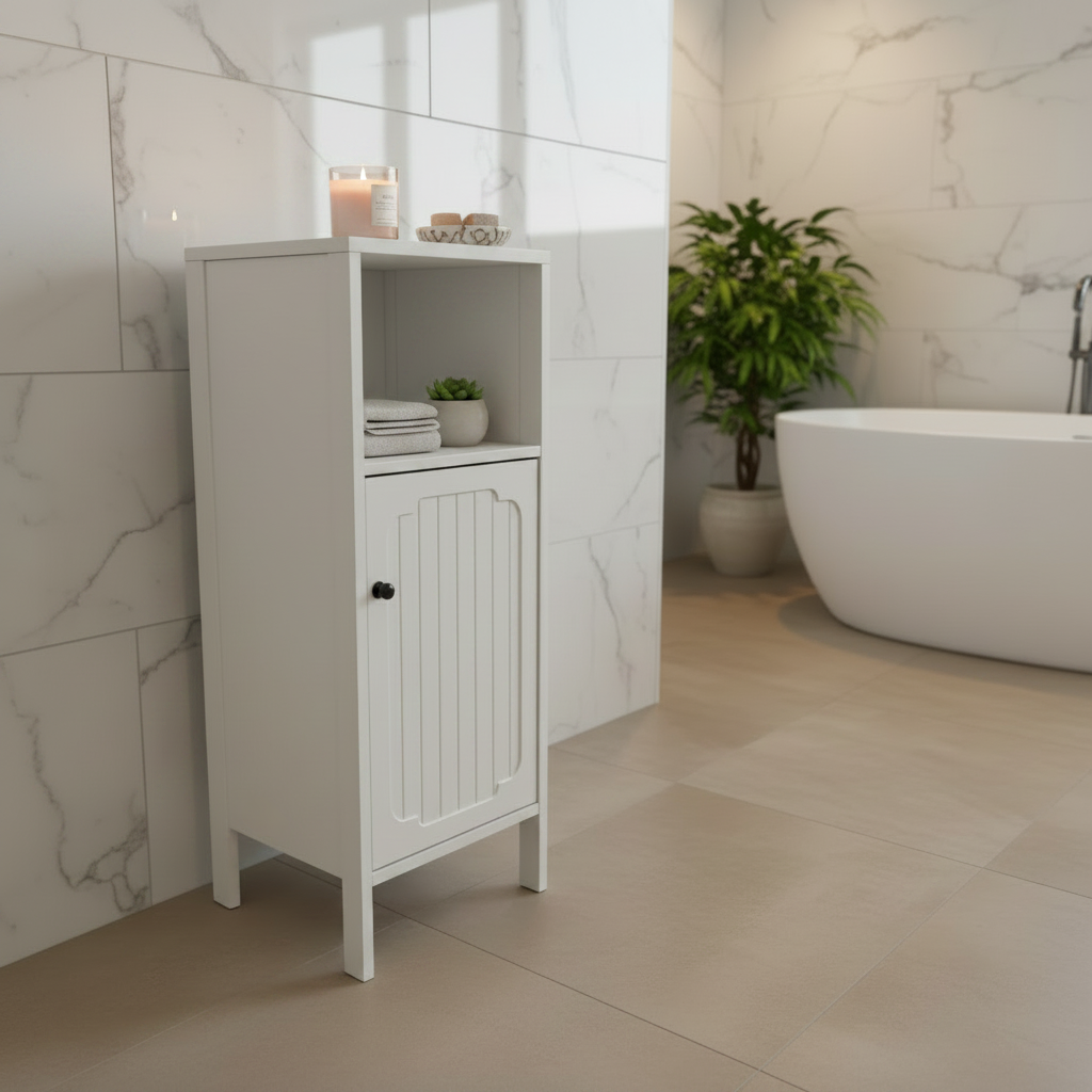 White Freestanding Bathroom Storage Cabinet with Open Shelf & Single Door Multi Market World Inc.