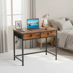 35" Industrial Computer Desk with 2 Drawers & Side Hooks, Rustic Brown Multi Market World Inc.