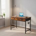 35" Industrial Computer Desk with 2 Drawers & Side Hooks, Rustic Brown Multi Market World Inc.