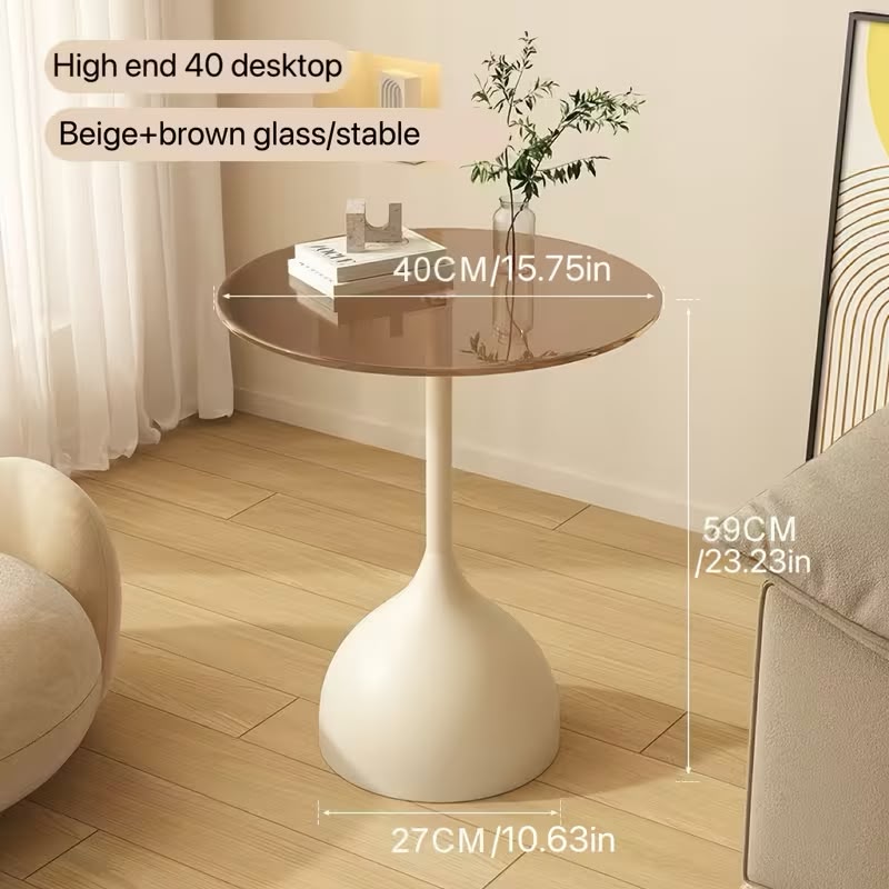 Round Glass Top Side Table, Cream Base & Tinted Brown Accent Table Multi Market World Inc.