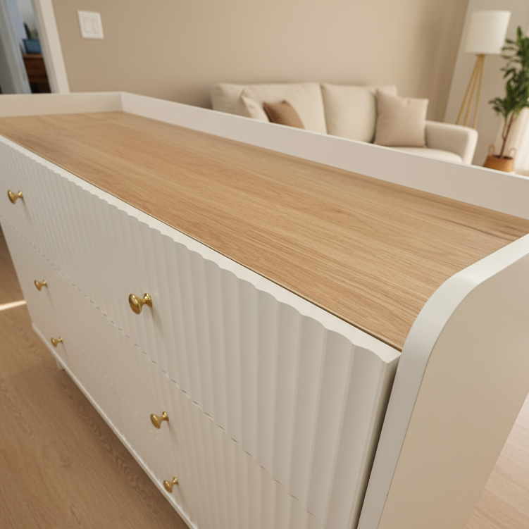 Fluted 3-Drawer Dresser with Gold Hardware & Natural Wood Top Multi Market World Inc.