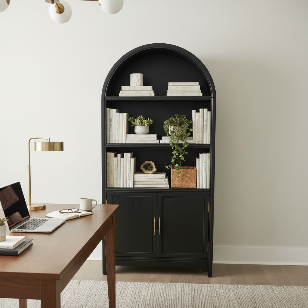 Modern Arched Black Bookshelf with Lower Cabinet Storage Multi Market World Inc.