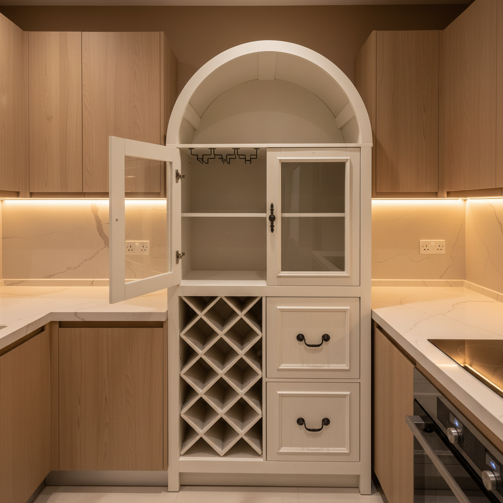 A tall arched wine cabinet in a light gray finish, shown in a showroom with its left door open. The cabinet features a wine rack, two drawers with black handles, glass-front upper doors, and an open upper shelf area.