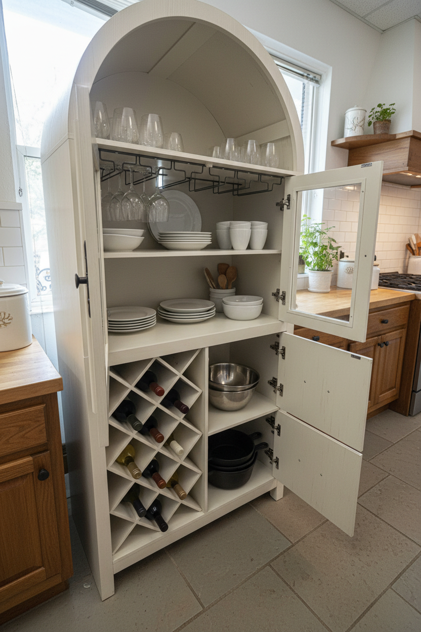 Arch Top Bar Cabinet with Wine Rack and Storage Drawers - Off-White Multi Market World Inc.
