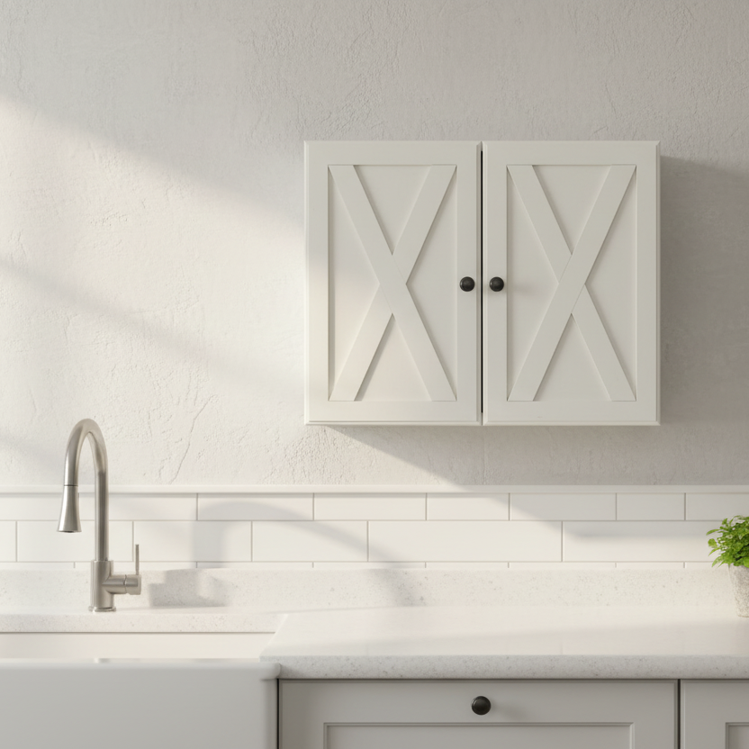 A two-door cabinet with a white painted finish and decorative X-shaped paneling on the doors, standing on a dark gray carpeted floor.