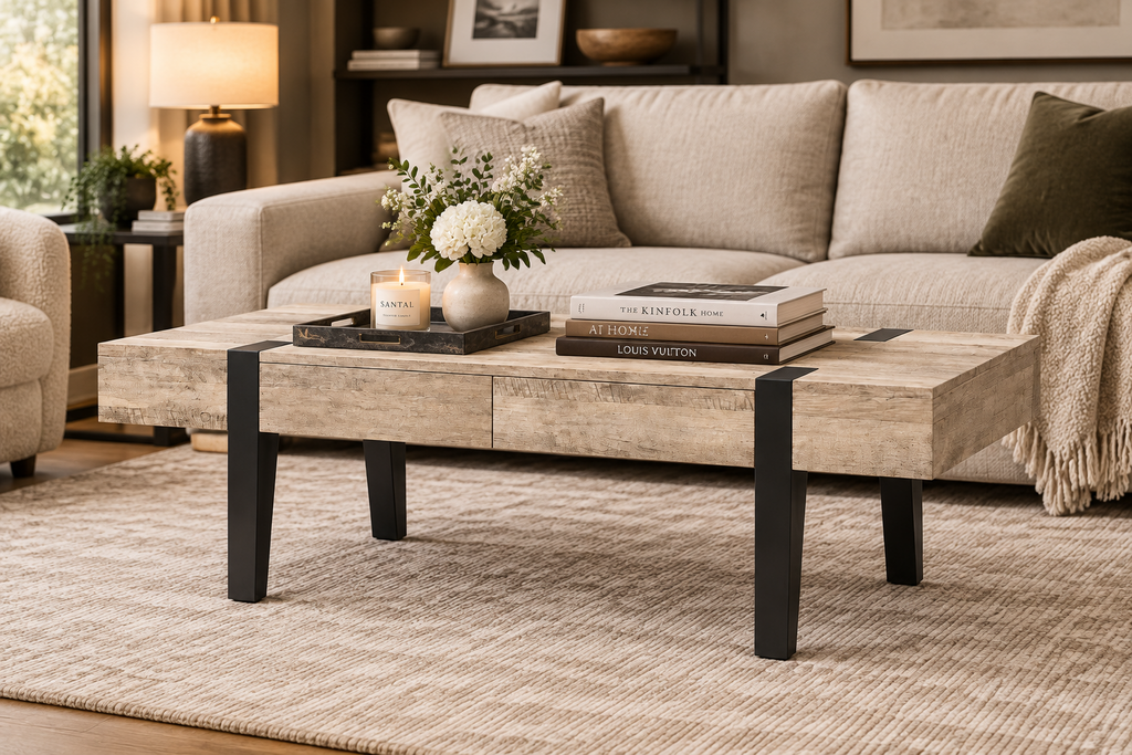 47" Coffee Table with 2 Storage Drawers, Modern Industrial Wood Finish & Black Metal Legs, Natural Oak and Black Multi Market World Inc.