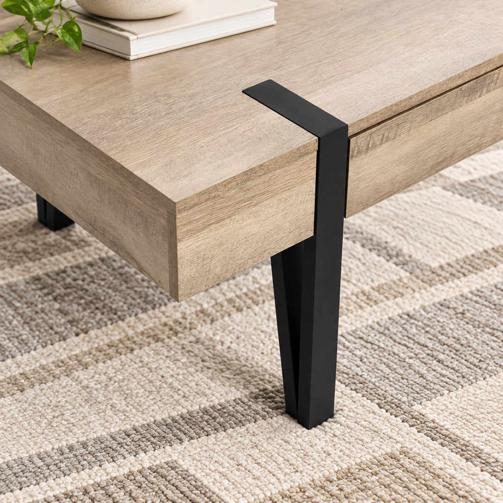 47" Coffee Table with 2 Storage Drawers, Modern Industrial Wood Finish & Black Metal Legs, Natural Oak and Black Multi Market World Inc.
