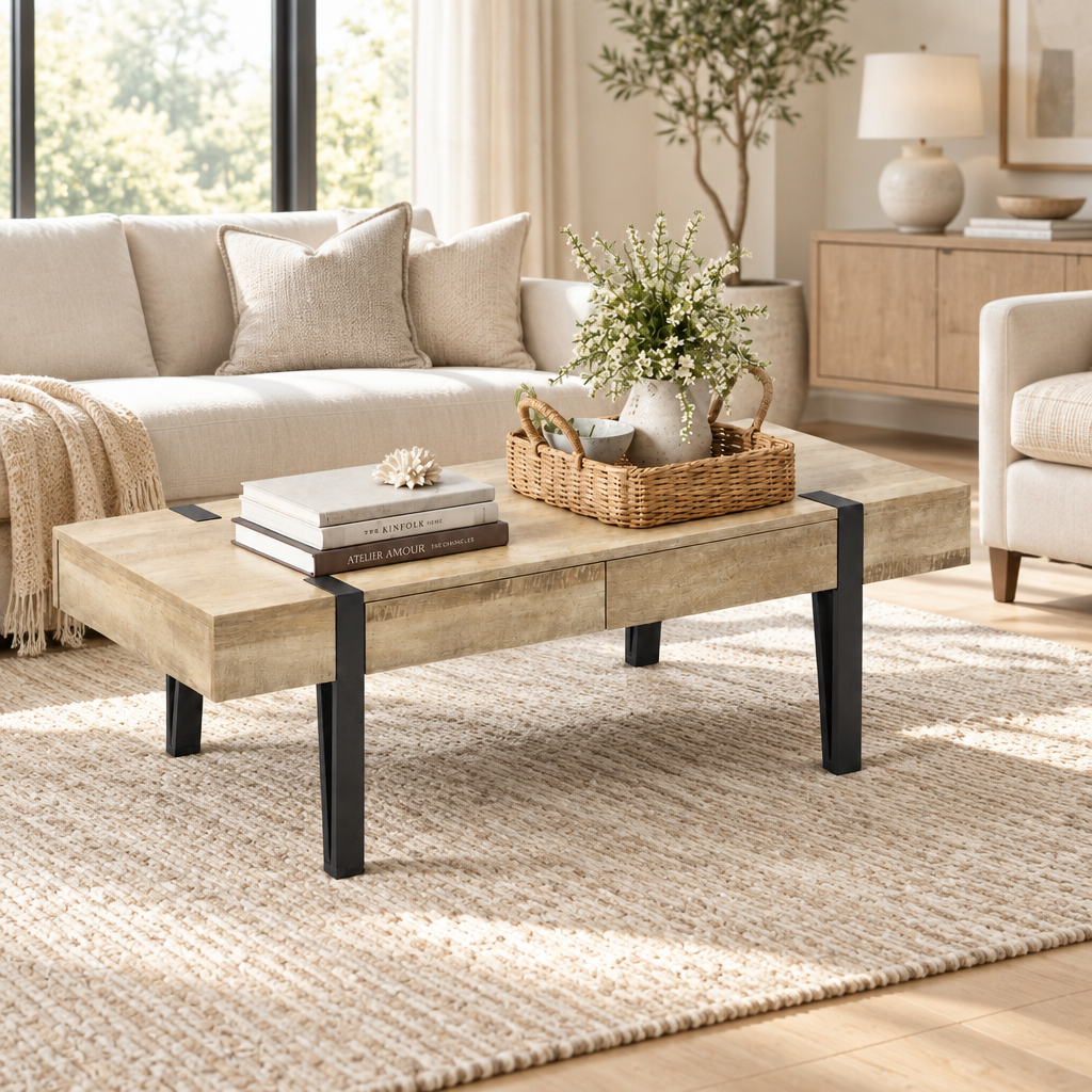47" Coffee Table with 2 Storage Drawers, Modern Industrial Wood Finish & Black Metal Legs, Natural Oak and Black Multi Market World Inc.