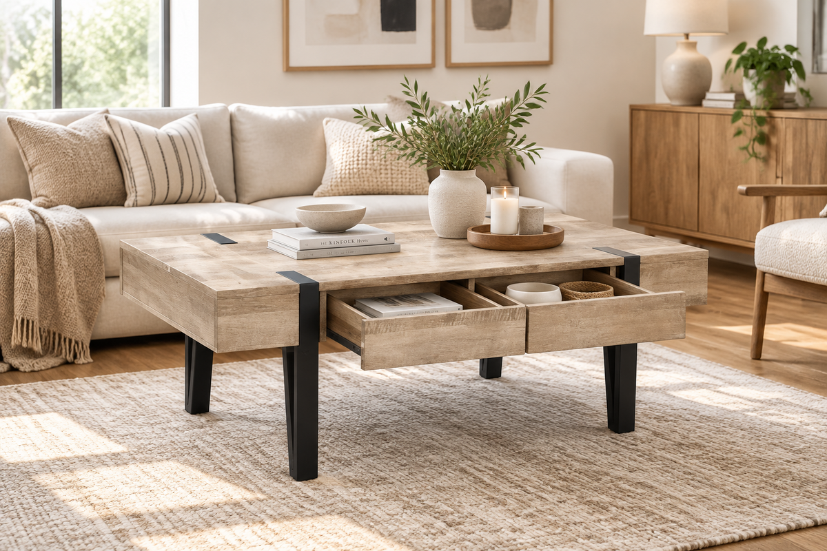 47" Coffee Table with 2 Storage Drawers, Modern Industrial Wood Finish & Black Metal Legs, Natural Oak and Black Multi Market World Inc.