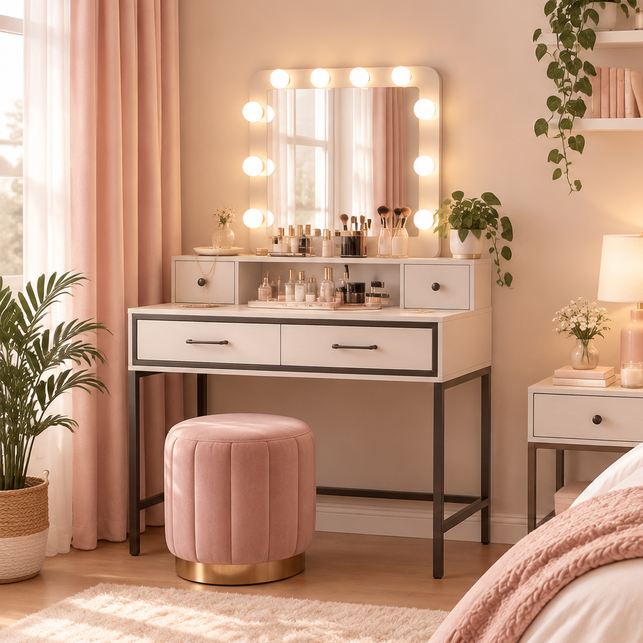 39.37" Makeup Vanity Desk with Lighted Mirror, Wood & Metal Frame, Storage Drawers & LED Bulbs Multi Market World Inc.