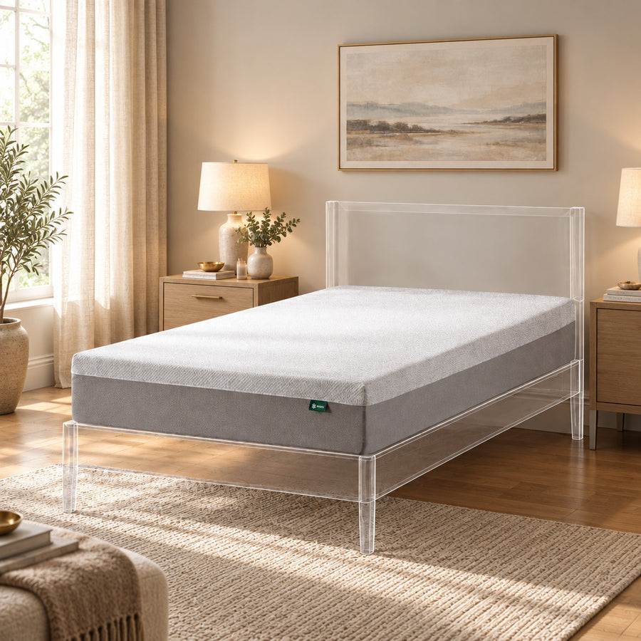 A single bed with a light wood frame and a white mattress topper is styled in a bright bedroom. The bed has white and blue accent pillows, set on a textured gray rug with a potted green plant and a small side table nearby.