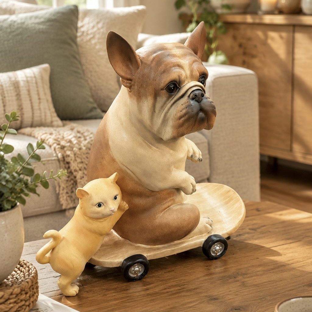 Whimsical French Bulldog on Skateboard with Kitten Companion Resin Garden Statue Multi Market World Inc.