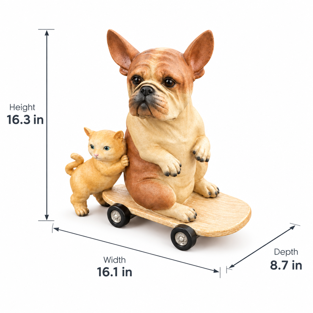 Whimsical French Bulldog on Skateboard with Kitten Companion Resin Garden Statue Multi Market World Inc.