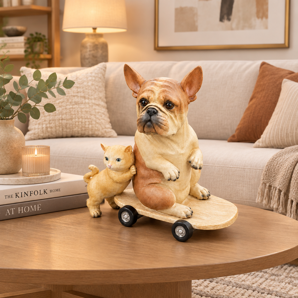 Whimsical French Bulldog on Skateboard with Kitten Companion Resin Garden Statue Multi Market World Inc.
