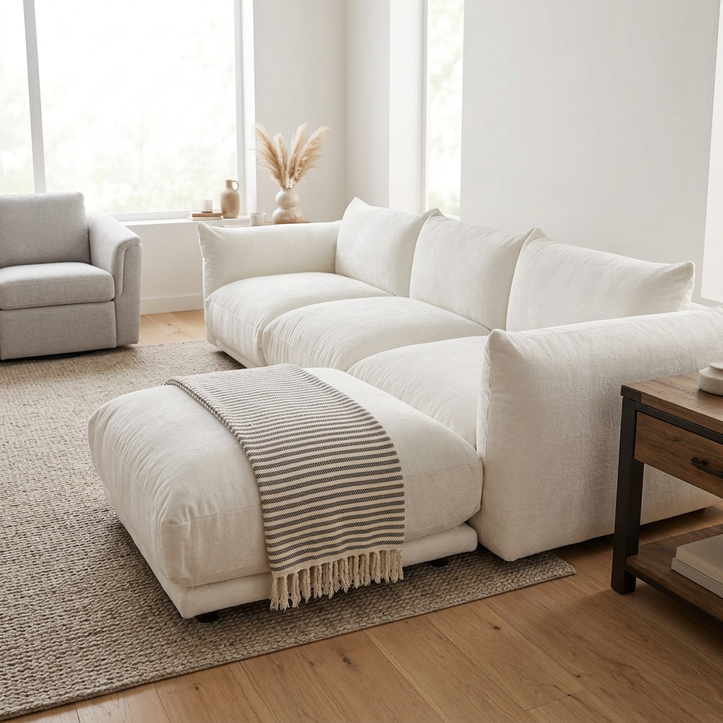 White corduroy cloud sectional with ottoman chaise and striped throw, side view