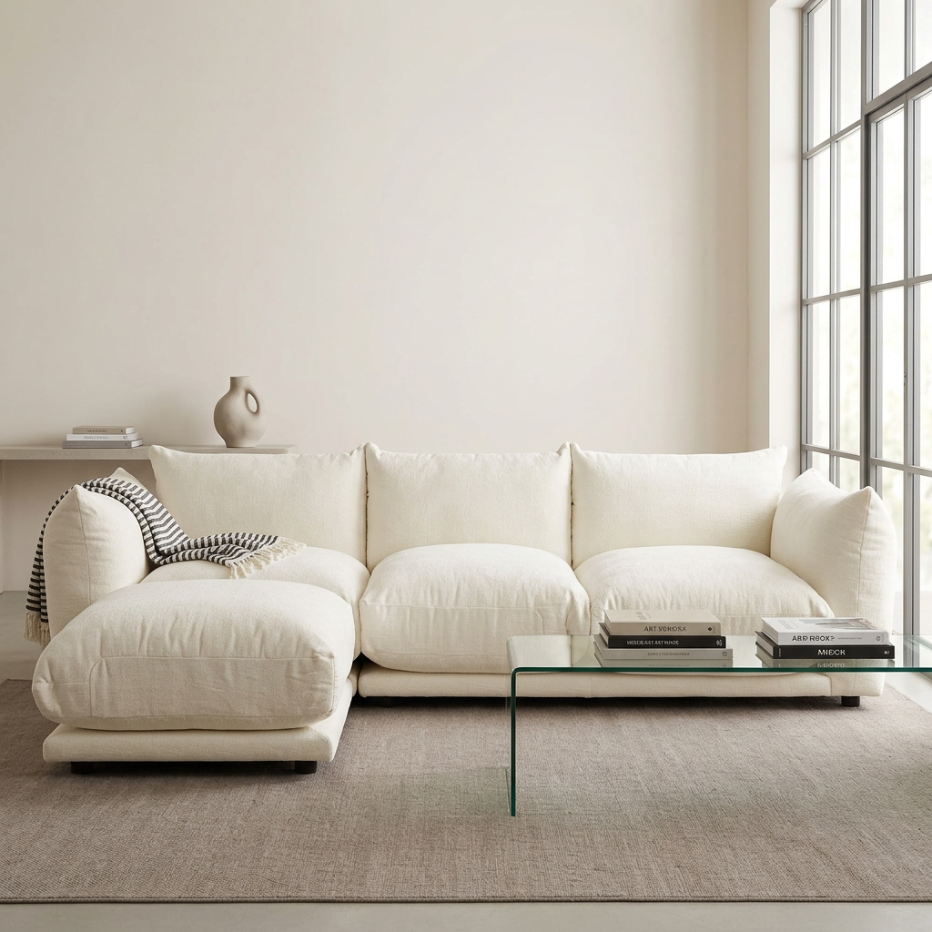 103 inch white corduroy cloud sectional sofa with ottoman as a chaise in a bright living room