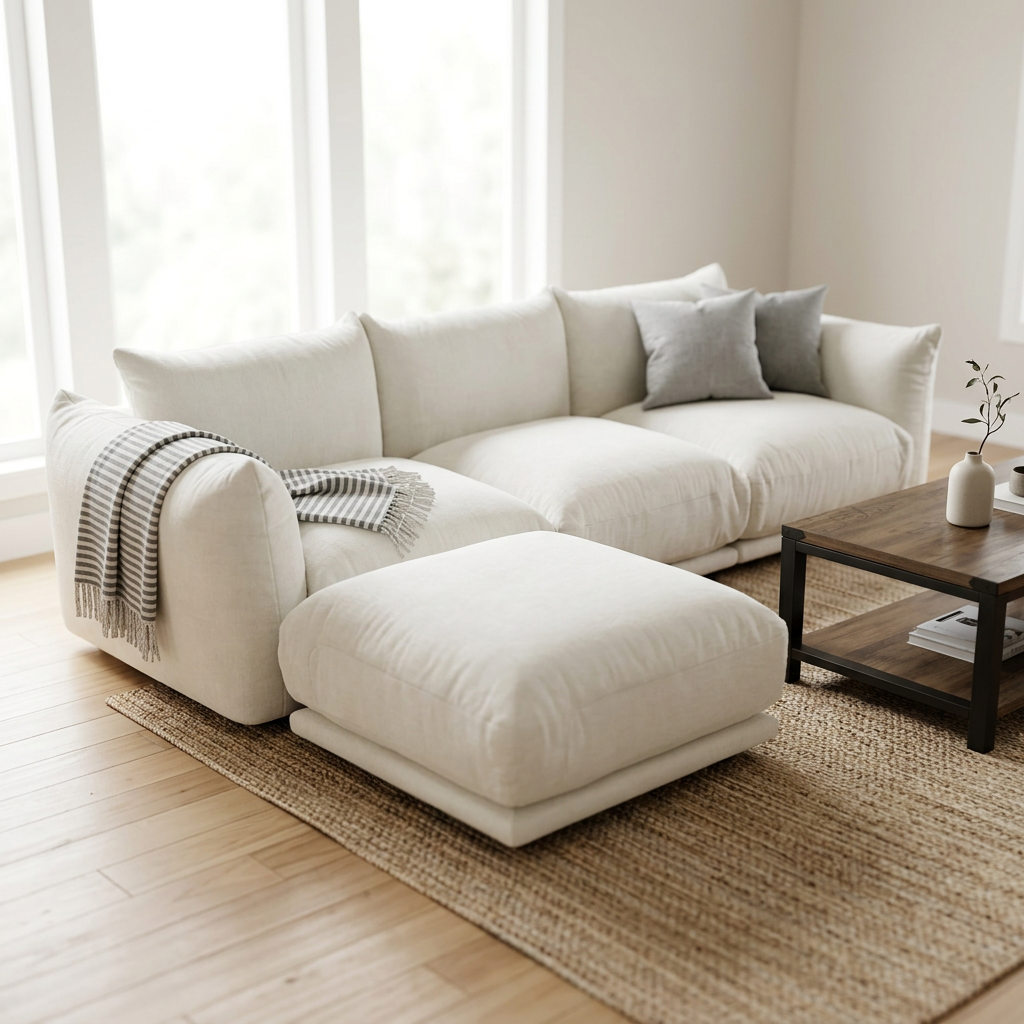 White corduroy sectional sofa with ottoman used as a footrest, front view