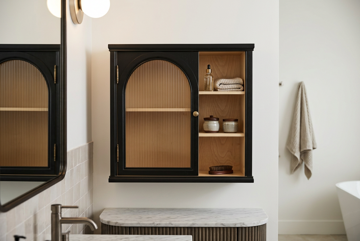 Black fluted glass arched cabinet mounted on a bathroom wall beside a mirror