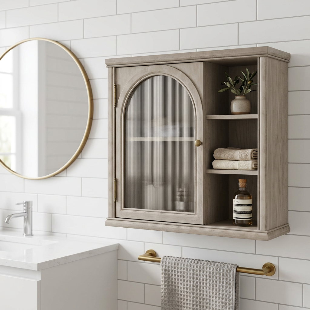 Grey oak arched wall cabinet with fluted glass door above a white bathroom vanity