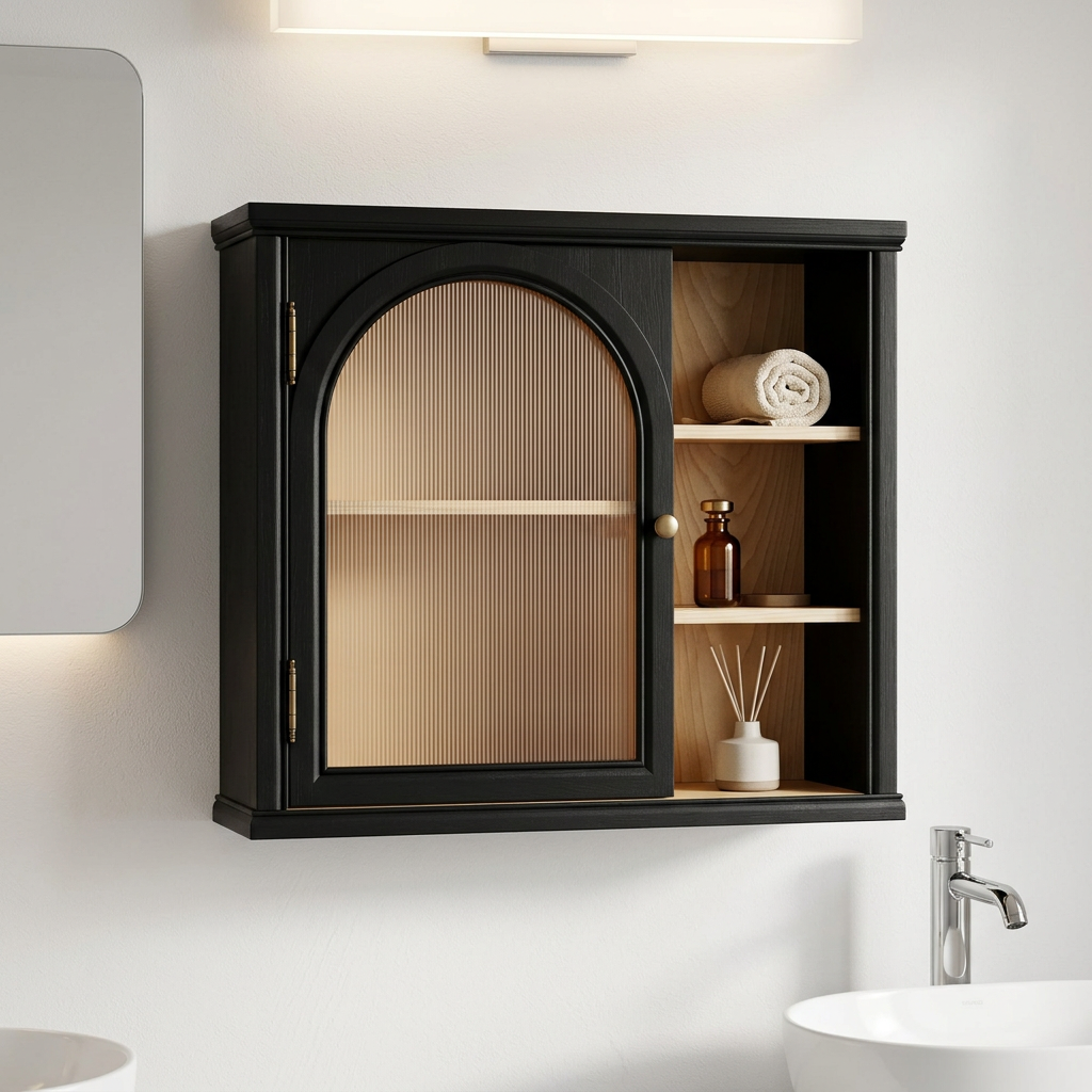 Black arched wall-mounted bathroom cabinet with fluted glass door and 3 open wood shelves above a sink