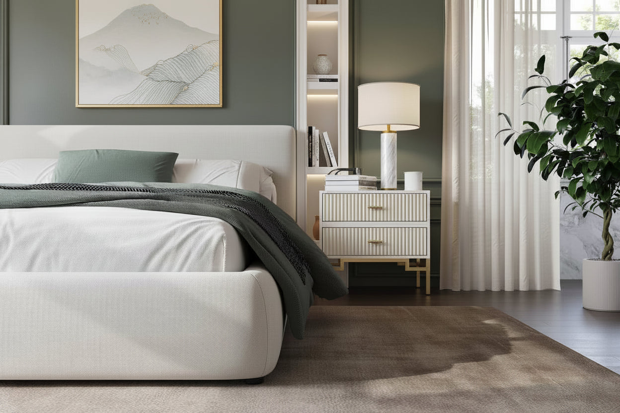 Modern bedroom with a bed, nightstand, lamp, and plant.