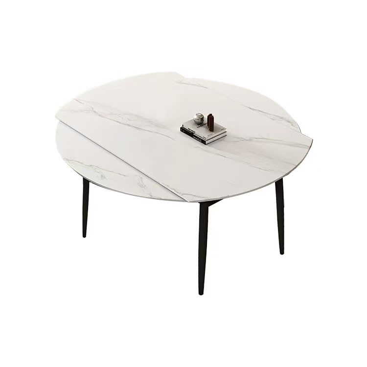 Round Sintered Stone Dining Table - Space-Saving Drop Leaf Design, 135cm to 86cm Width, Black Tapered Legs, White/Grey Multi Market World Inc.
