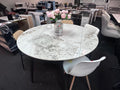 Round Sintered Stone Dining Table - Space-Saving Drop Leaf Design, 135cm to 86cm Width, Black Tapered Legs, White/Grey Multi Market World Inc.