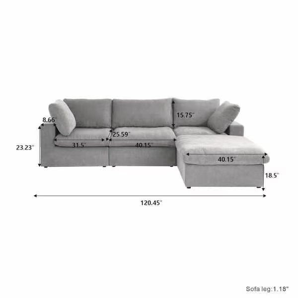 Cloud Sofa,  120" Modular Sectional with Reversible Ottoman, light grey Multi Market World Inc.