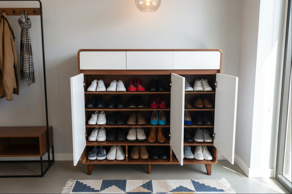 Shoe Storage Cabinet, 120 cm Wide, Walnut and White, 3 Doors with Open Shelving, up to 30 Pairs Multi Market World Inc.