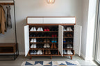 Shoe Storage Cabinet, 120 cm Wide, Walnut and White, 3 Doors with Open Shelving, up to 30 Pairs Multi Market World Inc.