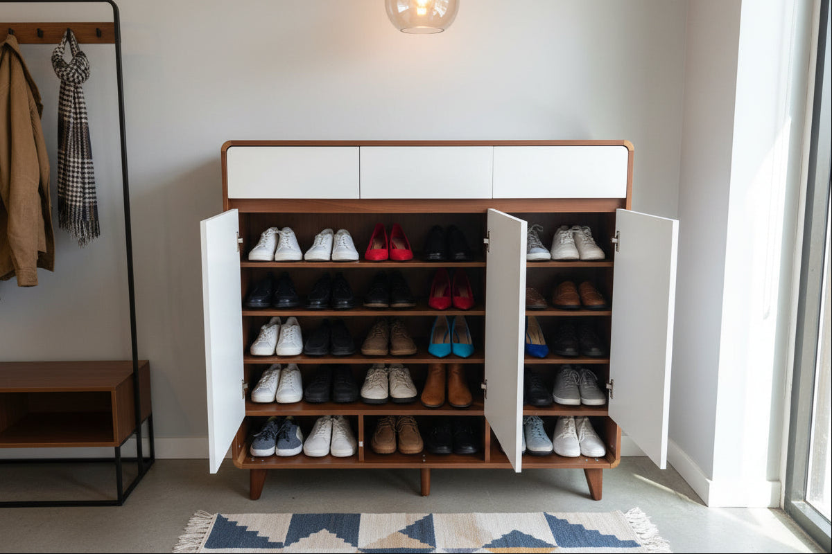 Shoe Storage Cabinet, 120 cm Wide, Walnut and White, 3 Doors with Open Shelving, up to 30 Pairs Multi Market World Inc.