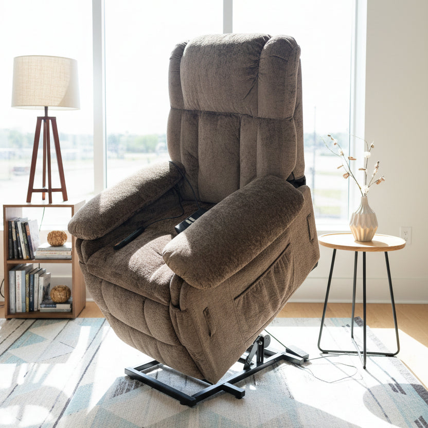 Chenille Power Lift Recliner Chair with Heat and Massage - Brown Multi Market World Inc.