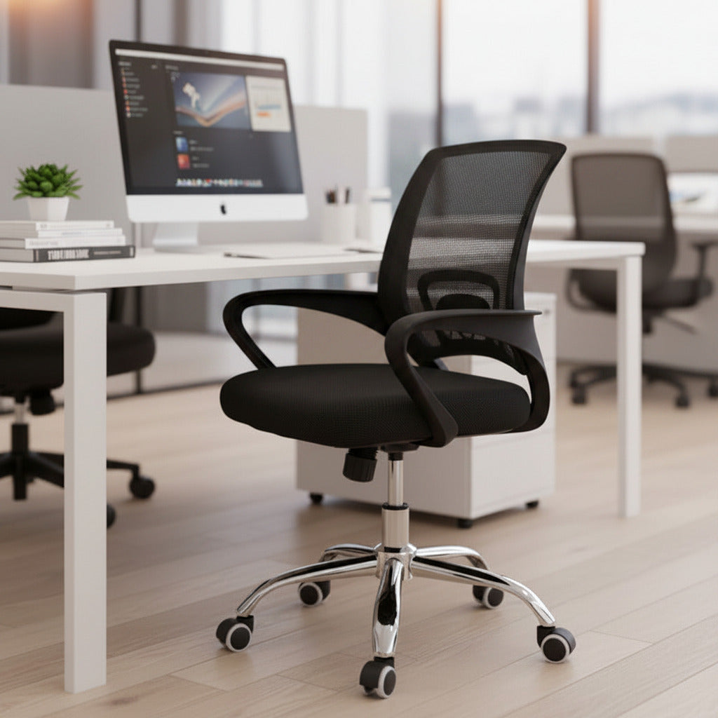 Gray office chair with mesh back in a room with other chairs
