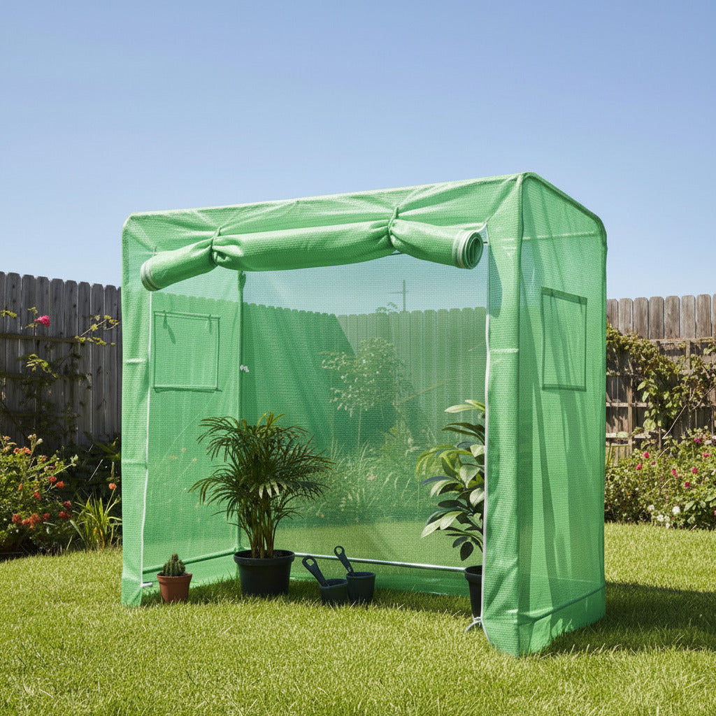 Green garden shelter in a backyard with plants and a wooden fence.