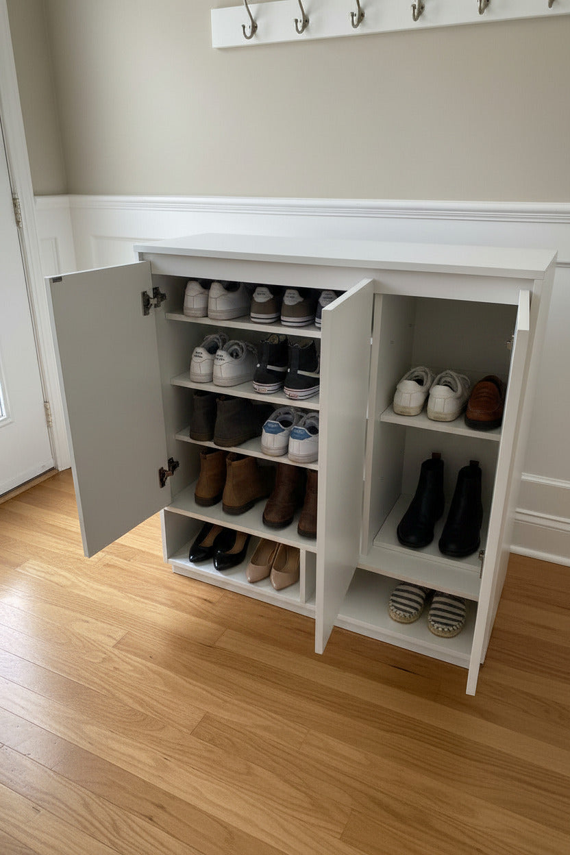 A white two-door storage cabinet with multiple shelves, shown with both doors open in an indoor setting near a window.
