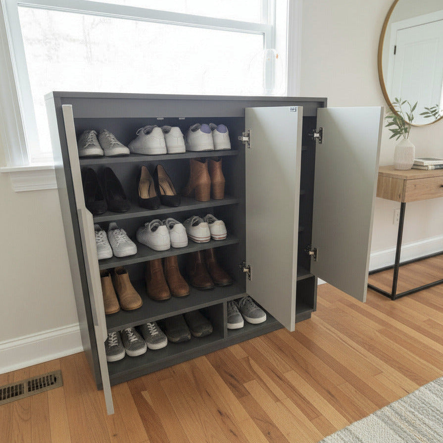 Shoe Storage Cabinet, 90 cm Wide, 3 Doors with Open Shelf, Minimalist Entryway Organizer, Grey Multi Market World Inc.