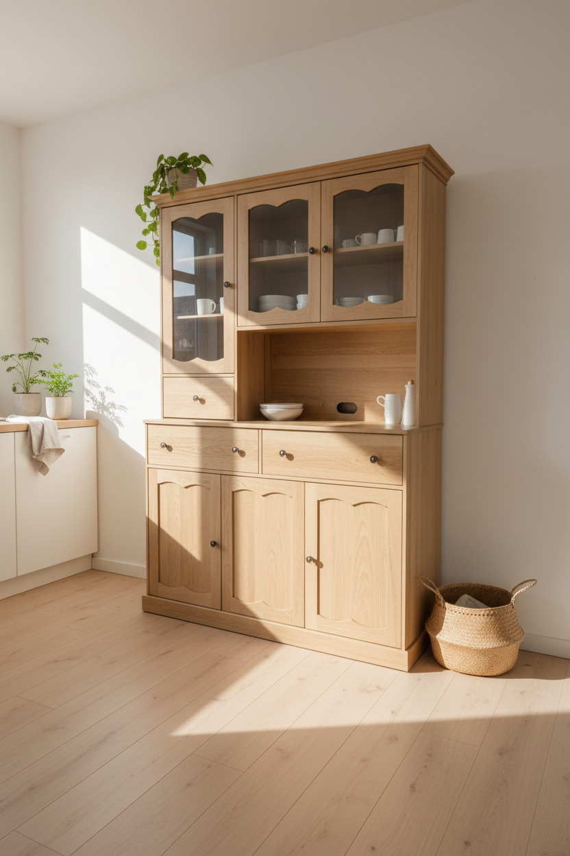 Traditional Wood Grain Kitchen Hutch and Buffet with Glass Doors Multi Market World Inc.