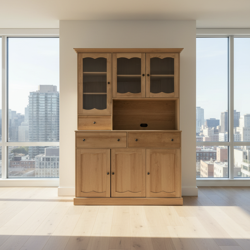 Traditional Wood Grain Kitchen Hutch and Buffet with Glass Doors Multi Market World Inc.
