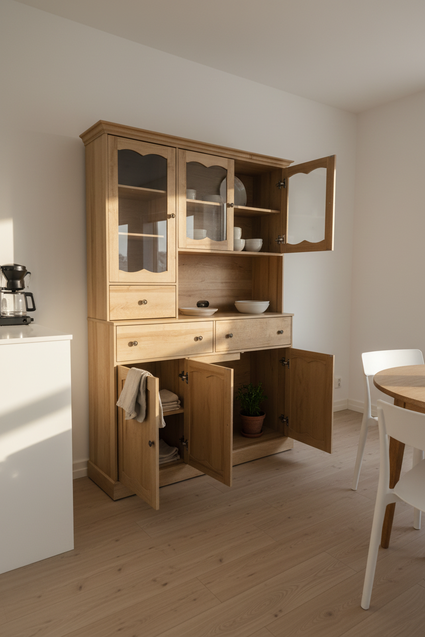 Traditional Wood Grain Kitchen Hutch and Buffet with Glass Doors Multi Market World Inc.