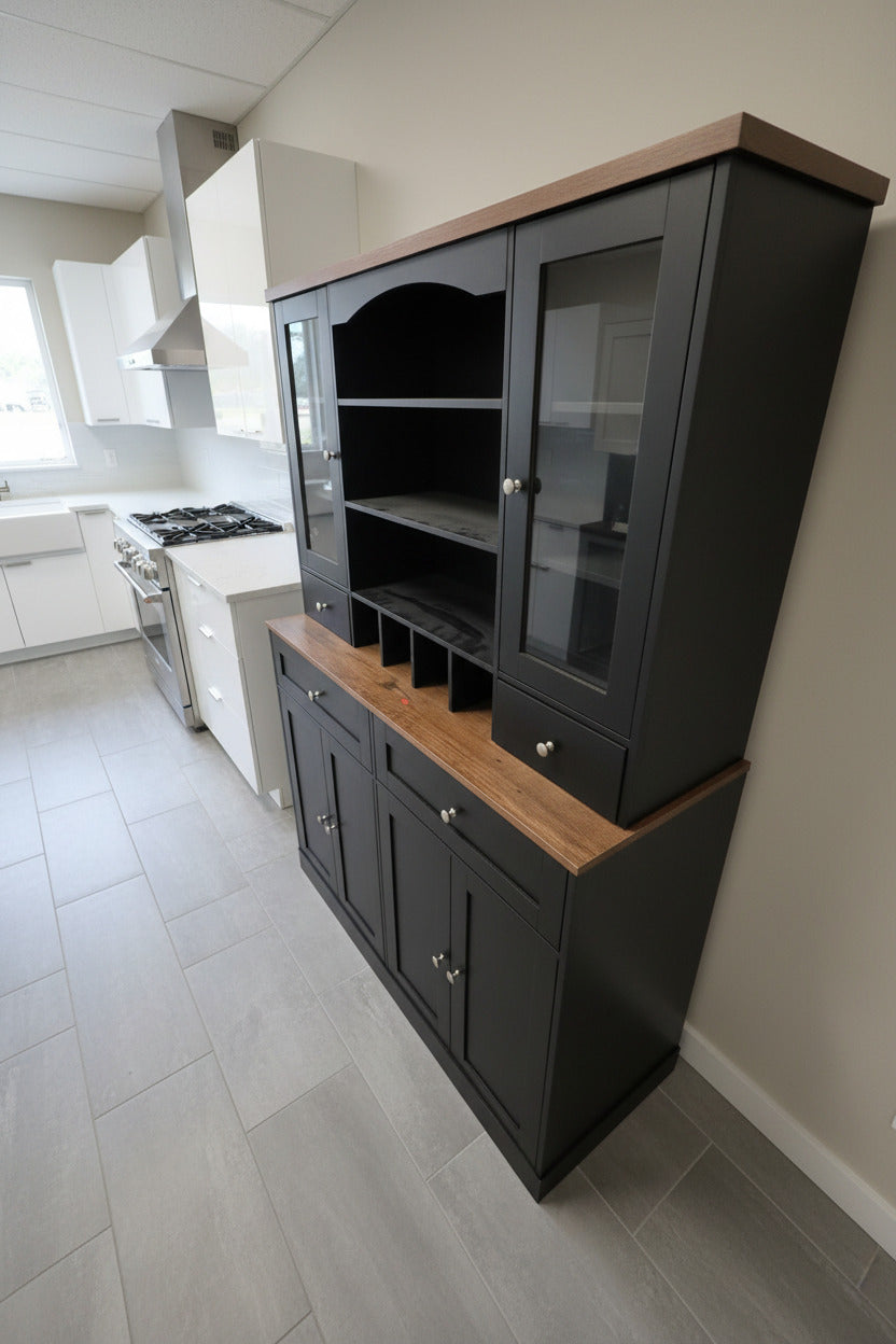 A large black wooden hutch and wine cabinet with glass-front upper doors, open shelving, a wine rack, and two wood-look countertops, shown in a room with white walls and a dark floor.