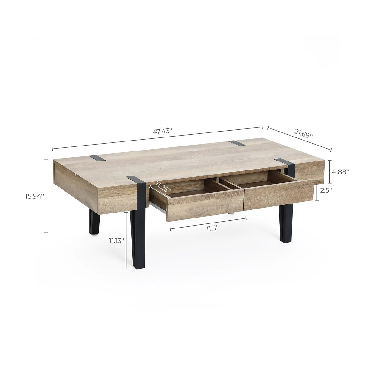 47" Coffee Table with 2 Storage Drawers, Modern Industrial Wood Finish & Black Metal Legs, Natural Oak and Black Multi Market World Inc.