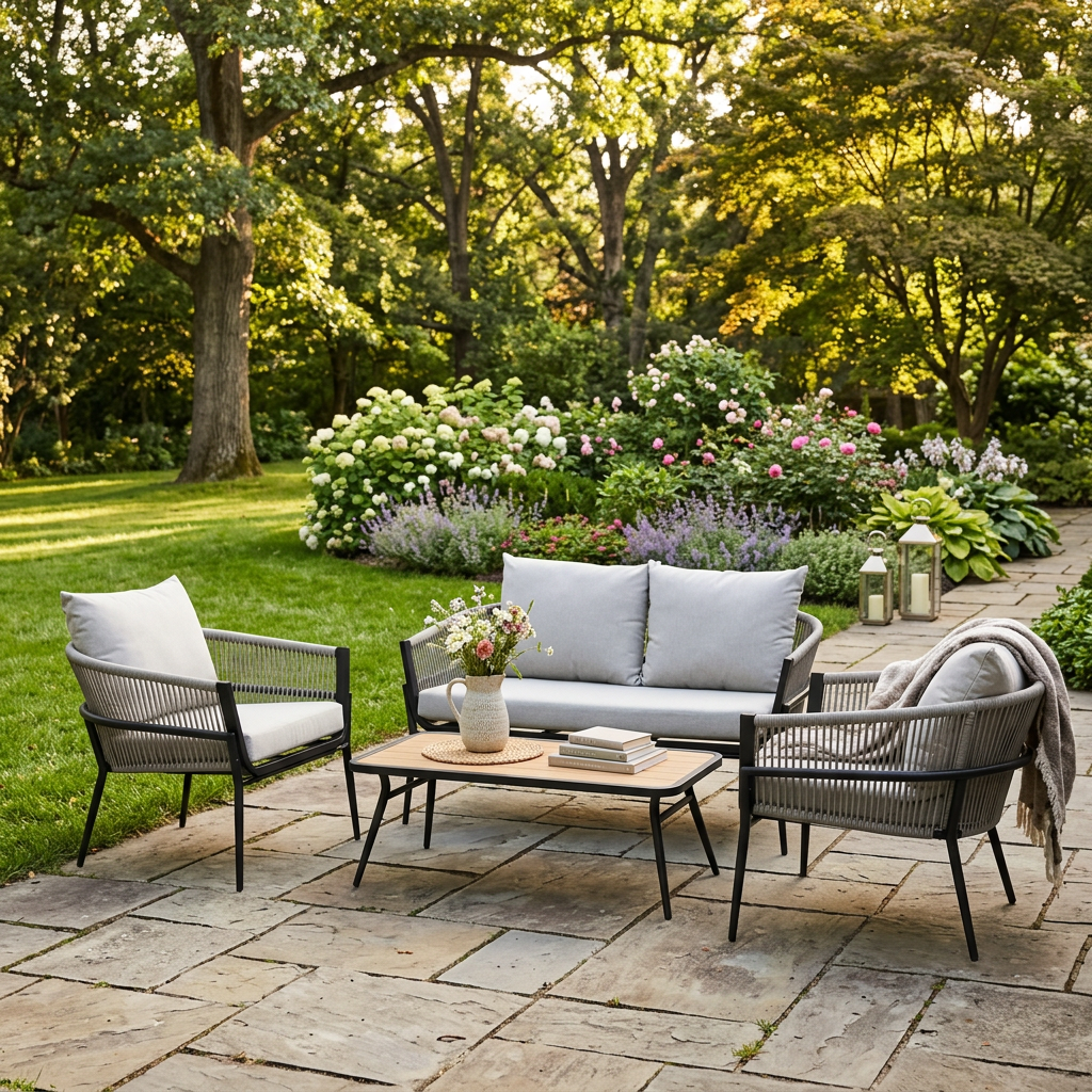 Black aluminium rope patio loveseat, 2 armchairs and coffee table on a stone patio in a garden