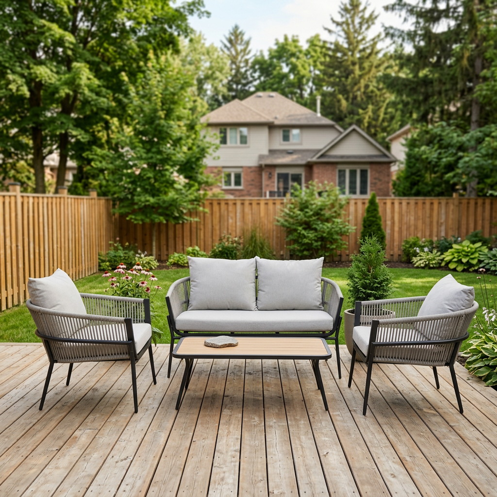 Rope woven 4-piece patio set with grey cushions and teak-look coffee table on a backyard deck
