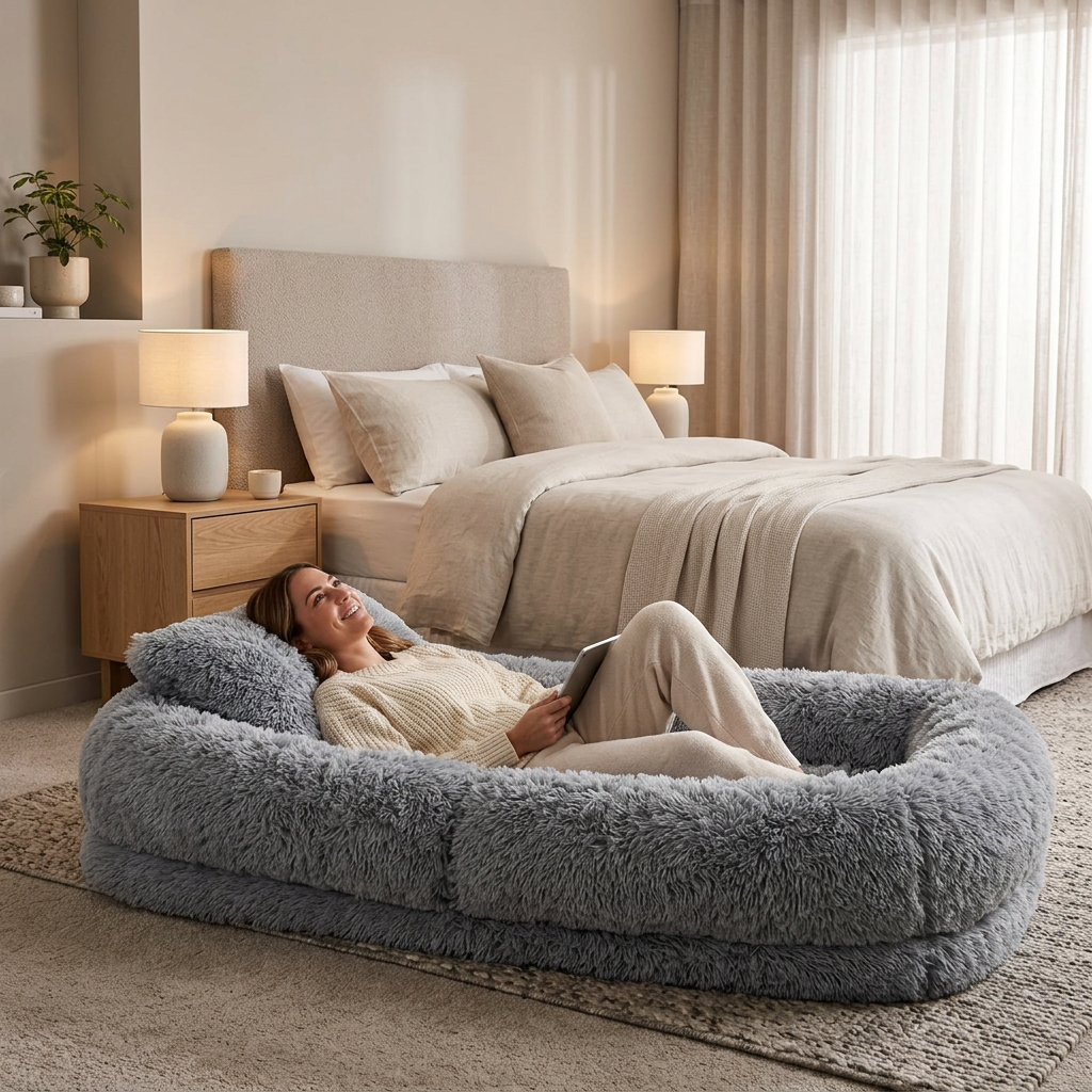 Woman relaxing with a tablet on a giant gray faux fur human dog bed laid flat in a bedroom