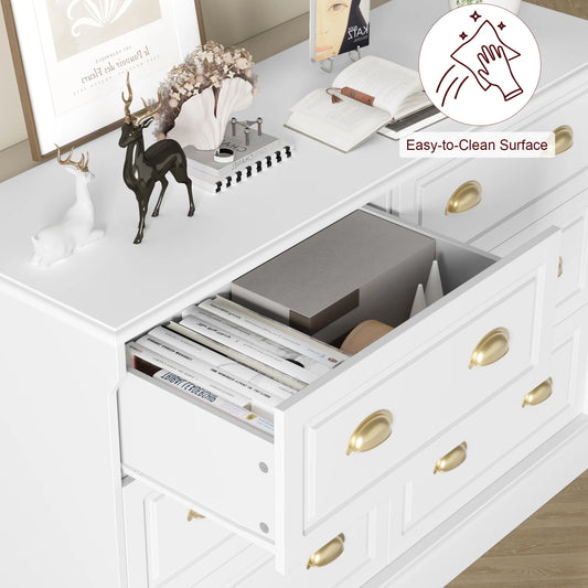 6 Drawer White Double Dresser for Bedroom, Gold Handle Drawer Chest Wood Storage Cabinet for Living Room, White